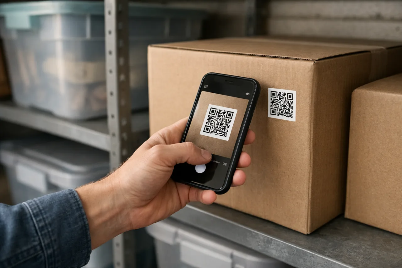 Hand scanning a QR label on a storage box with a phone