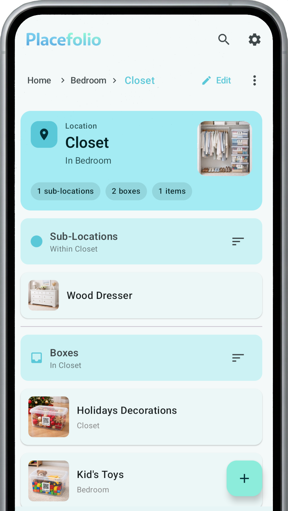 Placefolio boxes screen showing a location with sub-locations and boxes