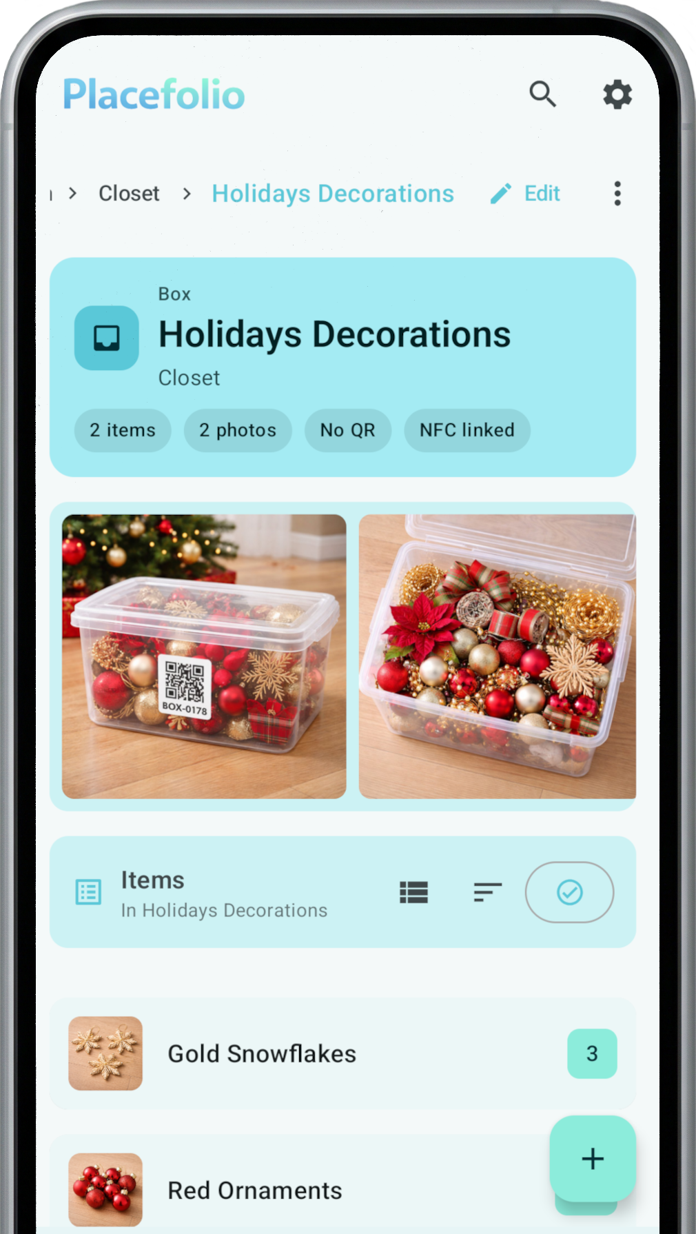 Placefolio box detail screen showing contents and attachments
