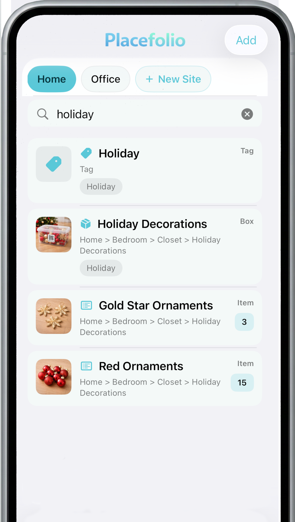 Placefolio iOS search screen showing results and the box for an item